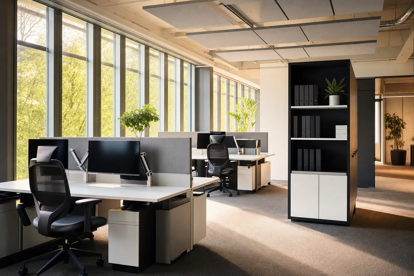 Birou modern cu mobilier nou, scaune ergonomice și dulap de arhivă