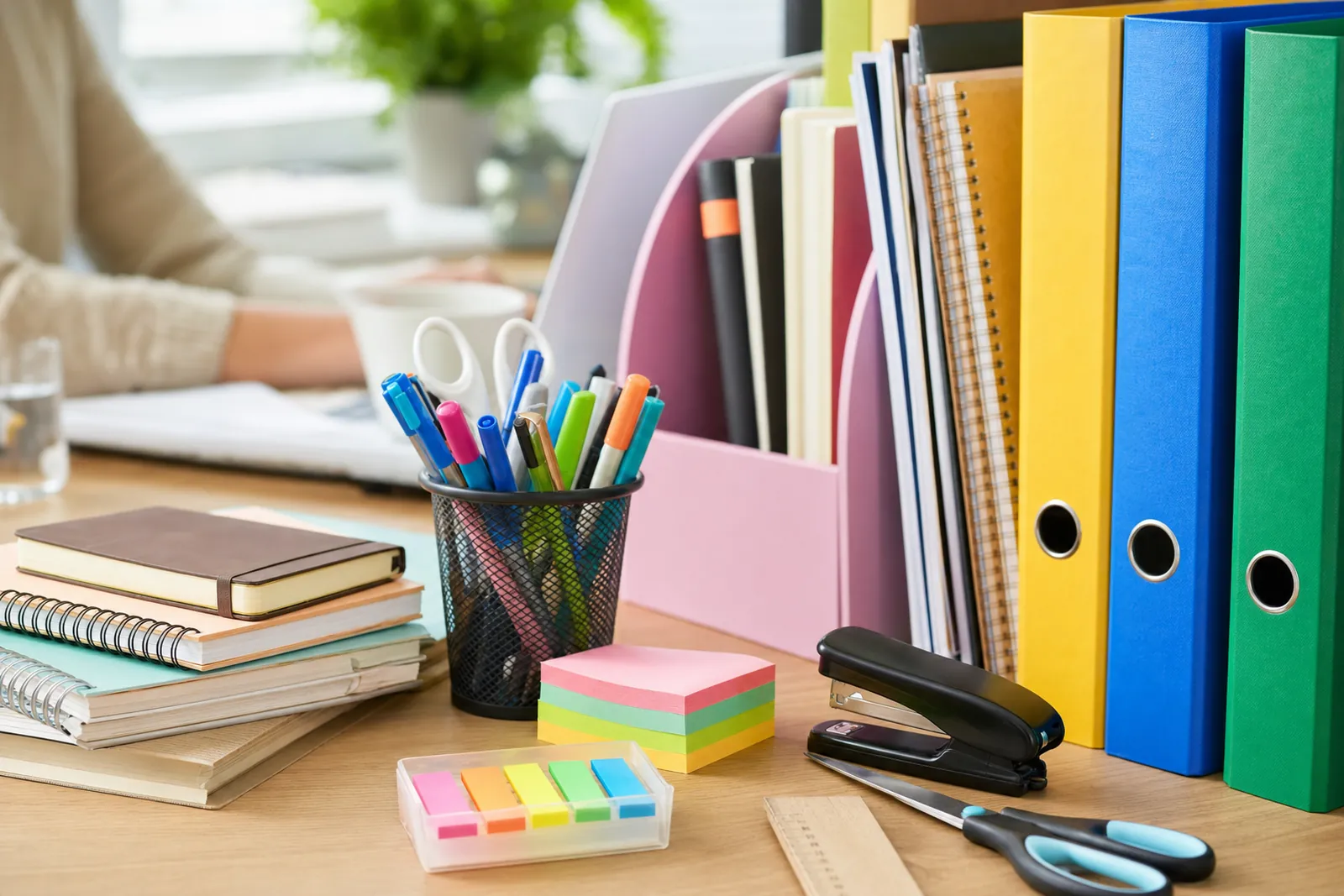 Birotică și papetărie pe un birou: bibliorafturi, caiete, pixuri, notițe adezive